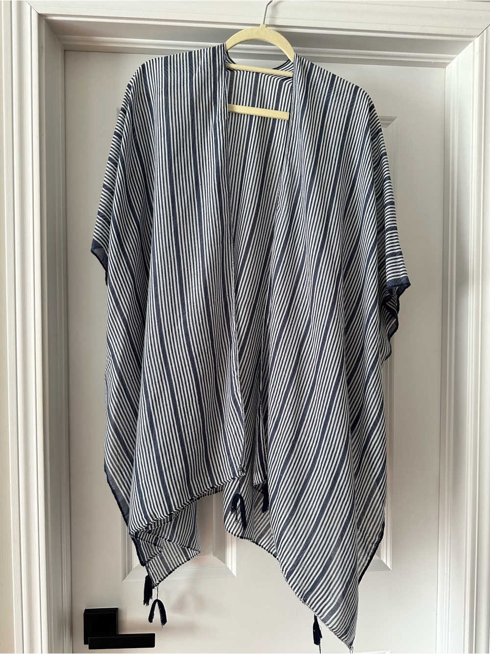 Janice Apparel Navy & White Striped Open Front Kimono Tassel Cover Up One Size